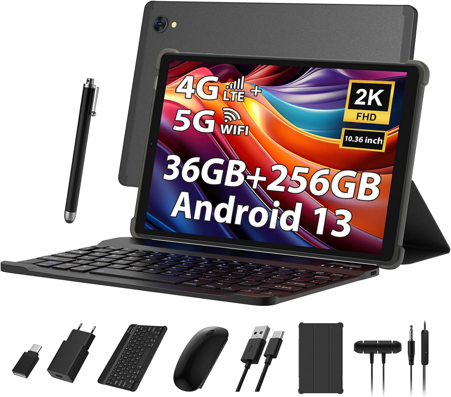 PIXPEAK 2K Tablet 10.36 Pulgadas, 4G LTE+5G WiFi, 36GB RAM+256GB ROM (2TB TF), Android 13 Tablet PC, Octa-Core, INCELL 2000 * 1200, 8000mAh, 13MP+8MP, GPS, Tablet con Teclado ect