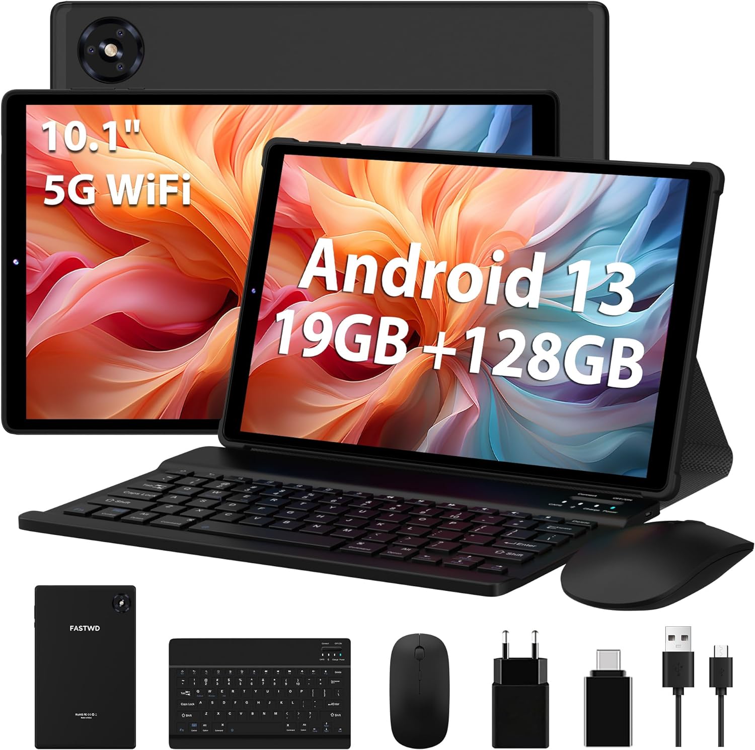 FASTWD Tablet 10 Inch Android 13 con 5G WiFi Tablet, 19GB RAM+128GB ROM(1TB Ampliable), Octa Core 2.0 GHz Tablet, 8000mAh, 5MP+8MP, WLAN, Bluetooth