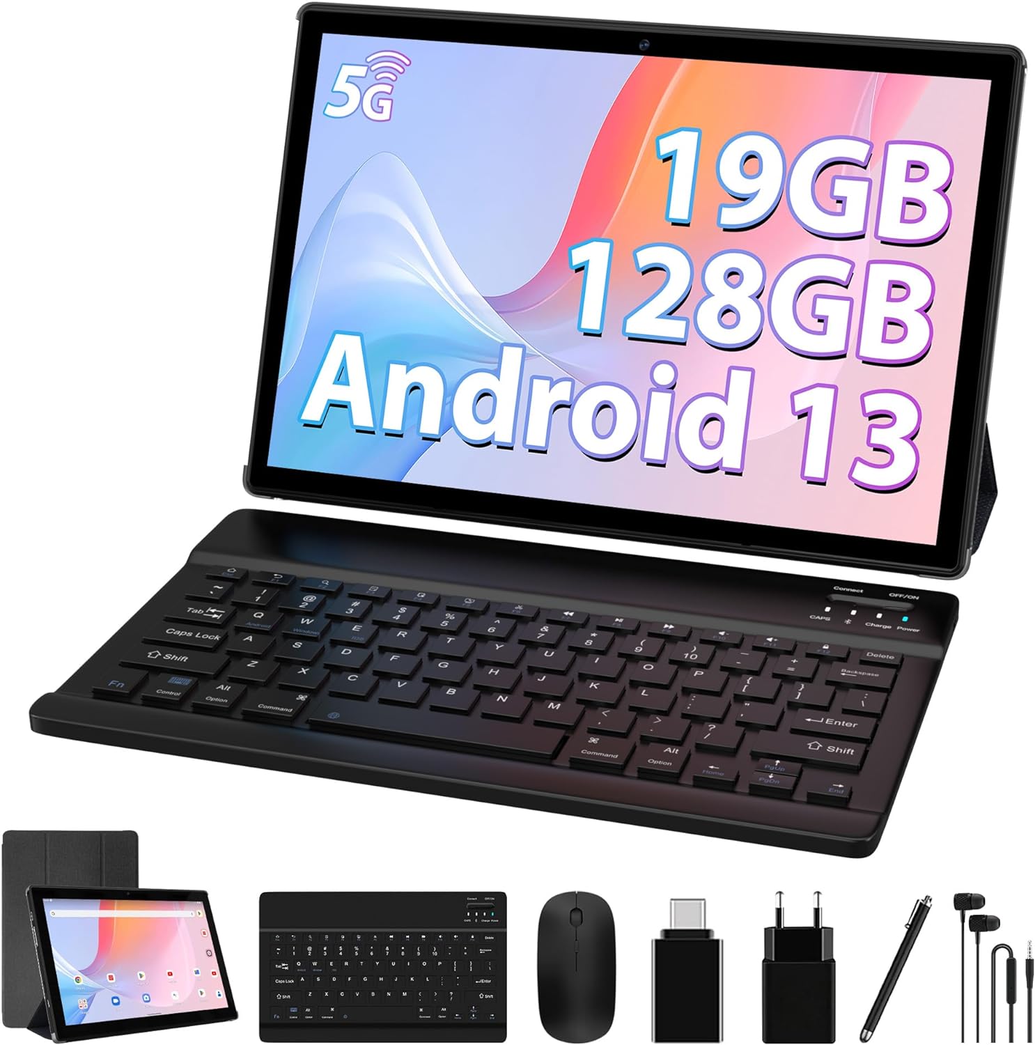 POWMUS L211-EEA Tablet 10.1-inch, 19GB +128GB RAM Tablet 8-Core Processing Android 13 Tablet 8000 mAh Battery and 1280 * 800 IPS Display, Dual Band WiFi (Black)